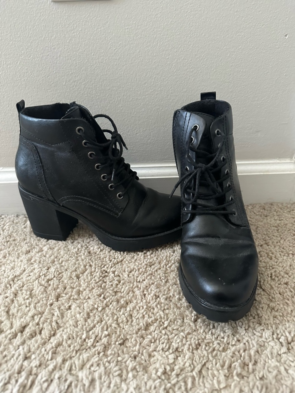 Black Lace-Up Chunky Heel Ankle Boots - Women